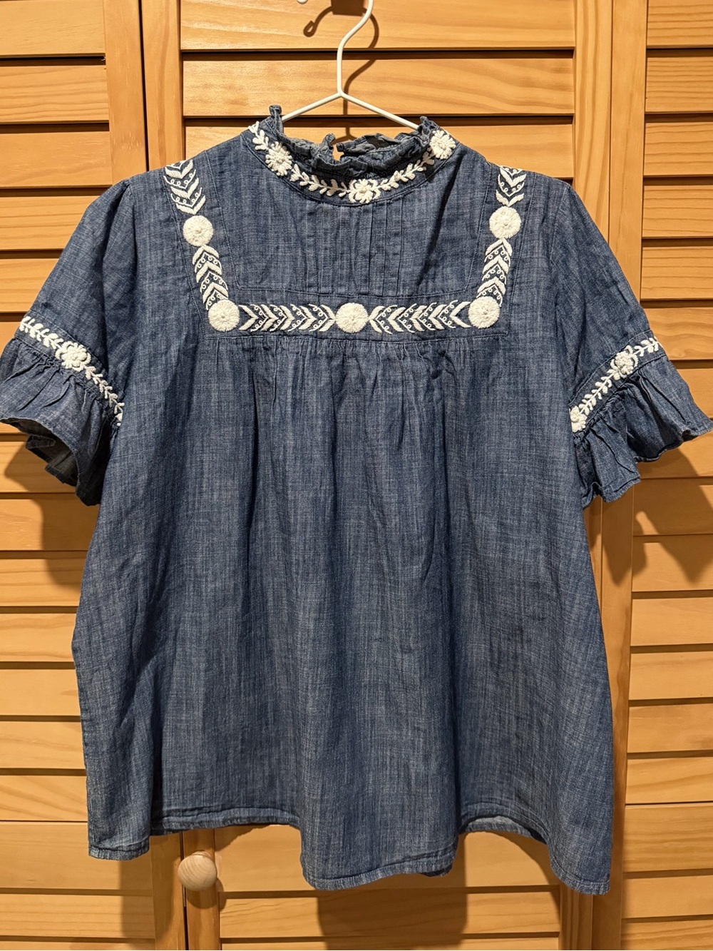 Banjanan Klara Boho Embroidered Blue Chambray Peasant Top